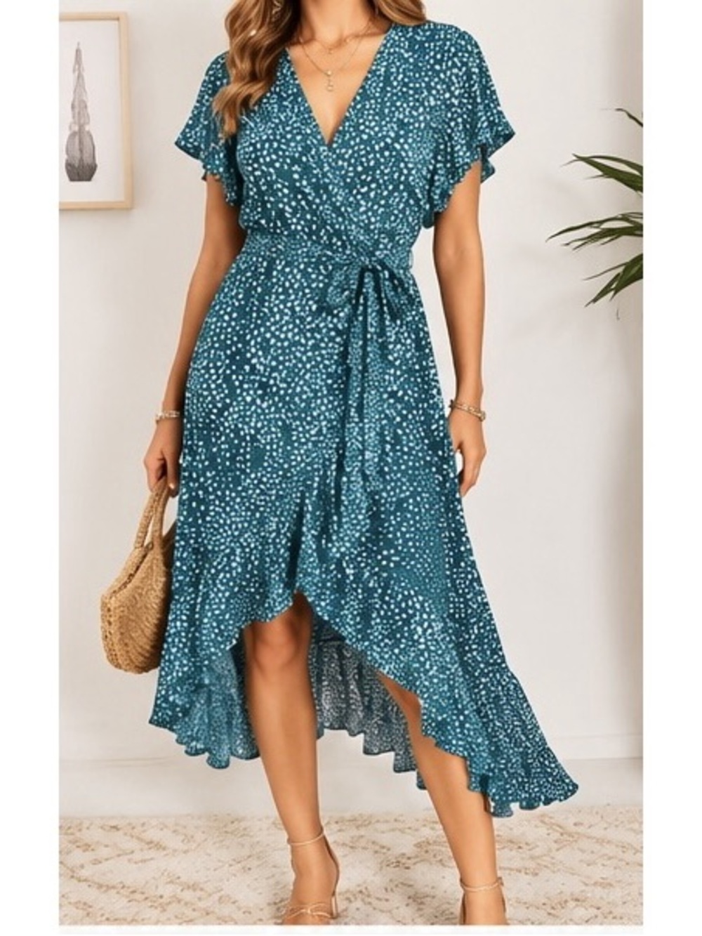Zesica Polka Dot Ruffle Trim High Low Wrap Dress Size XL